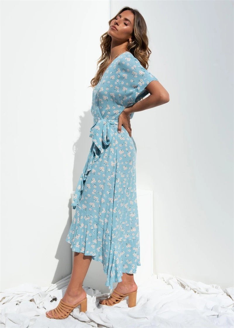 Blue Bow Floral Design Beach Slit Long Dress - Beachy Cover Ups