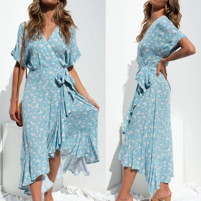 Blue Bow Floral Design Beach Slit Long Dress - Beachy Cover Ups