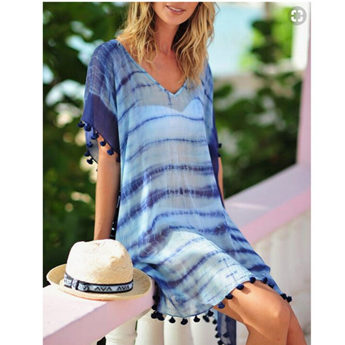 Blue Loose Beach Blouse Ball Sleeves - Beachy Cover Ups