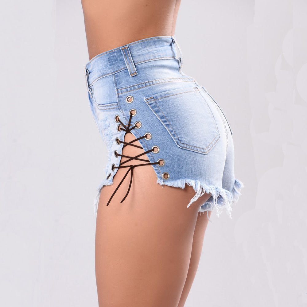 Cutoff Side Lacing Jeans Shorts - Beachy Cover Ups