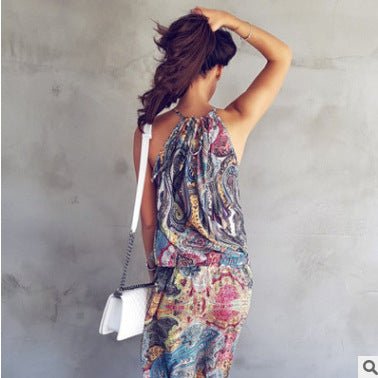 Dye Designed Printed Halter Long Beach Dress - Beachy Cover Ups