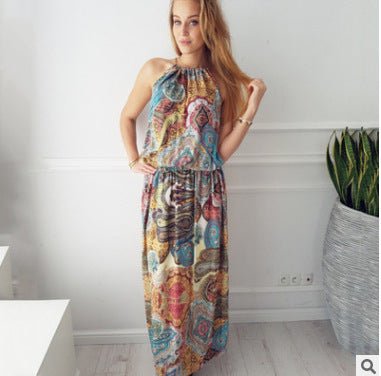 Dye Designed Printed Halter Long Beach Dress - Beachy Cover Ups