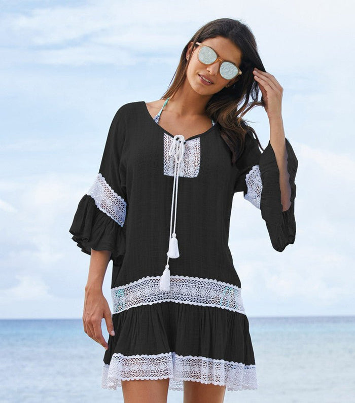 Flared Pattern Mid Sleeve Beach Top - Beachy Cover Ups