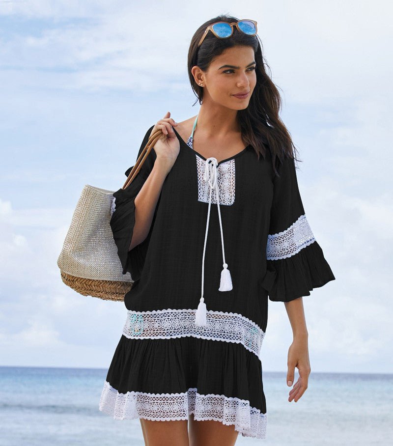 Flared Pattern Mid Sleeve Beach Top - Beachy Cover Ups