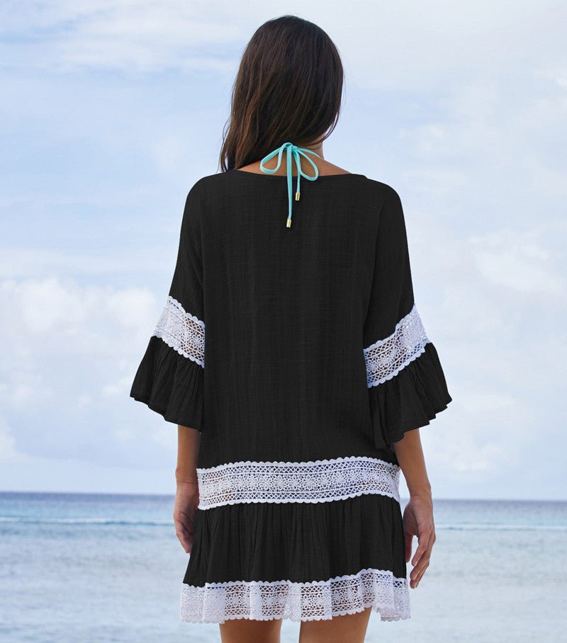 Flared Pattern Mid Sleeve Beach Top - Beachy Cover Ups