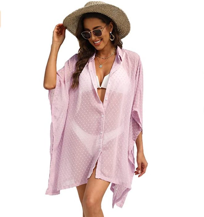 Long Flowy Buttoned Beach Top - Beachy Cover Ups