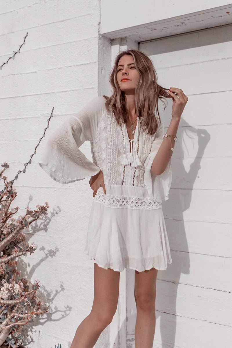 Long Sleeve Hi Tie Flowy Beach Mini Dress - Beachy Cover Ups