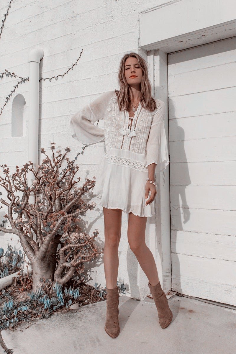 Long Sleeve Hi Tie Flowy Beach Mini Dress - Beachy Cover Ups