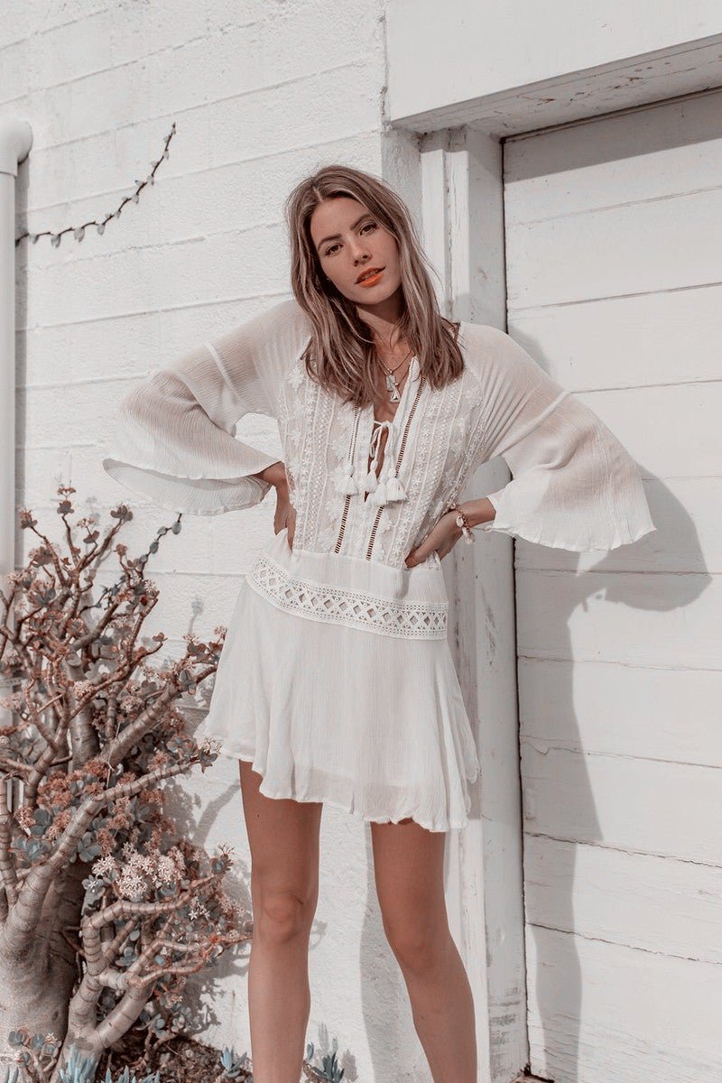 Long Sleeve Hi Tie Flowy Beach Mini Dress - Beachy Cover Ups