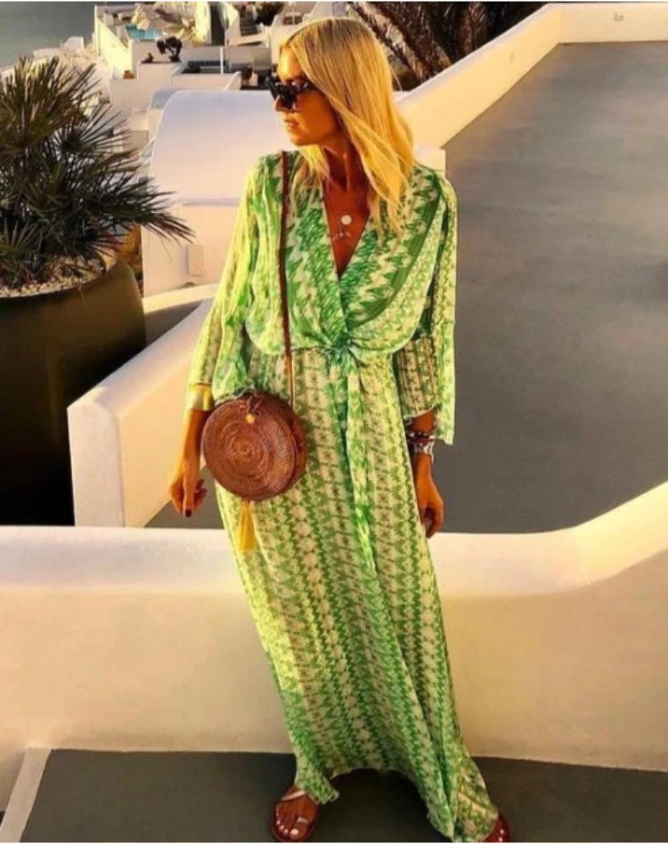 Psychedelic Long Waist Tie Vacation Summer Dress - Beachy Cover Ups