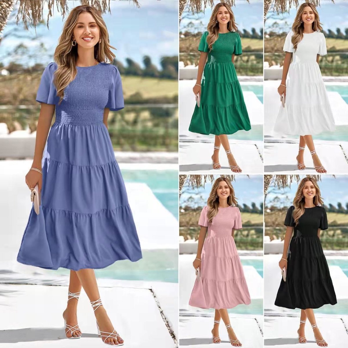 Smocked Short Sleeve Swing Dresses - Beachy Cover Ups