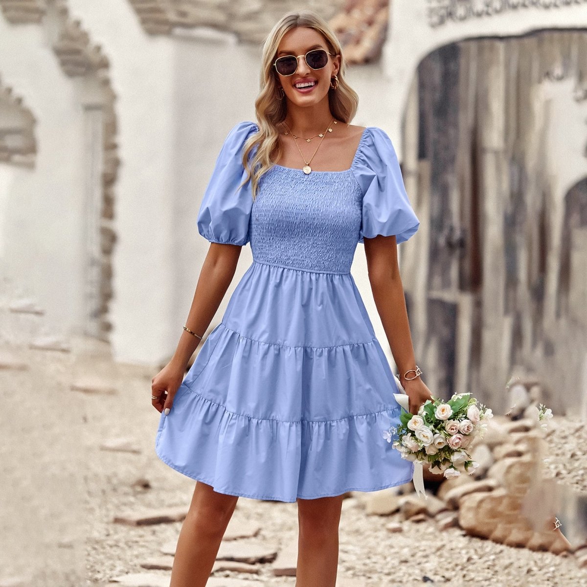 Square Neck Long Puff Short Sleeve Mini Dress - Beachy Cover Ups