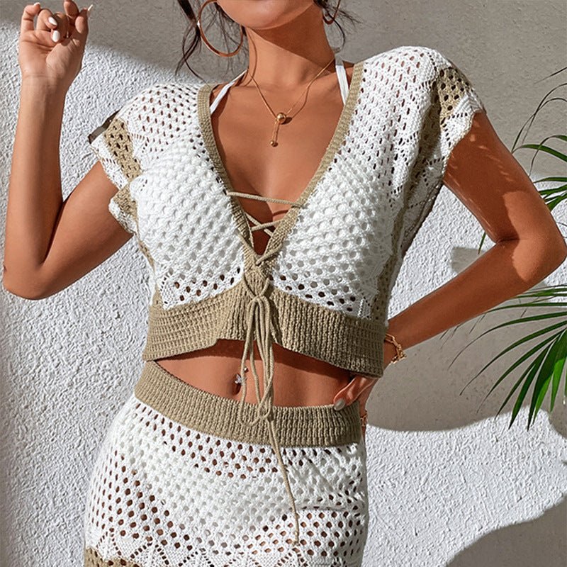White & Beige Hollow Knit Camisole Set - Beachy Cover Ups